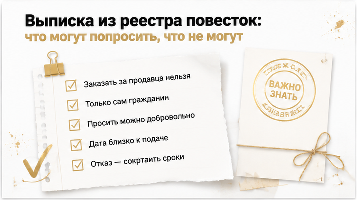 Чек-лист проверки реестра повесток: покупатель не может заказать выписку за продавца, но может попросить её добровольно.