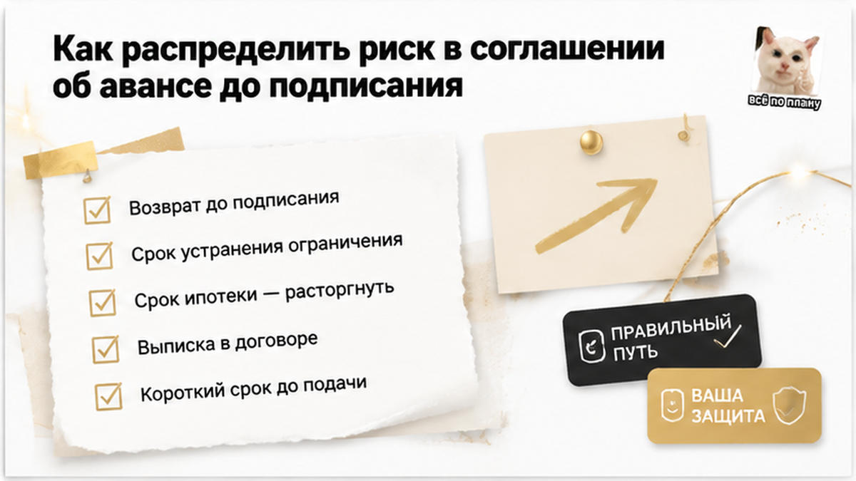 Чек-лист распределения риска в соглашении об авансе: возврат денег, сроки устранения ограничения, ипотека и дата подачи.