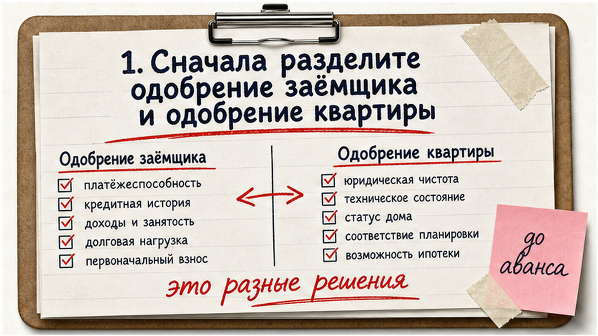 Чеклист / памятка: 1. Сначала разделите одобрение заёмщика и одобрение квартиры