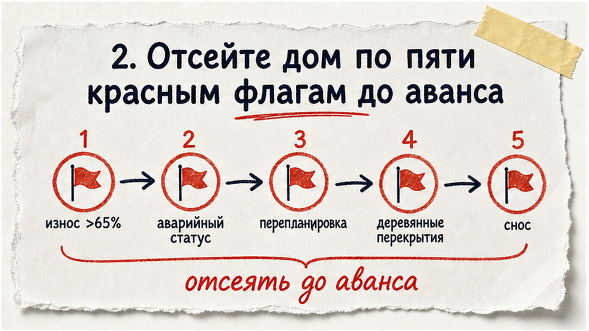 Схема шагов / маршрут: 2. Отсейте дом по пяти красным флагам до аванса