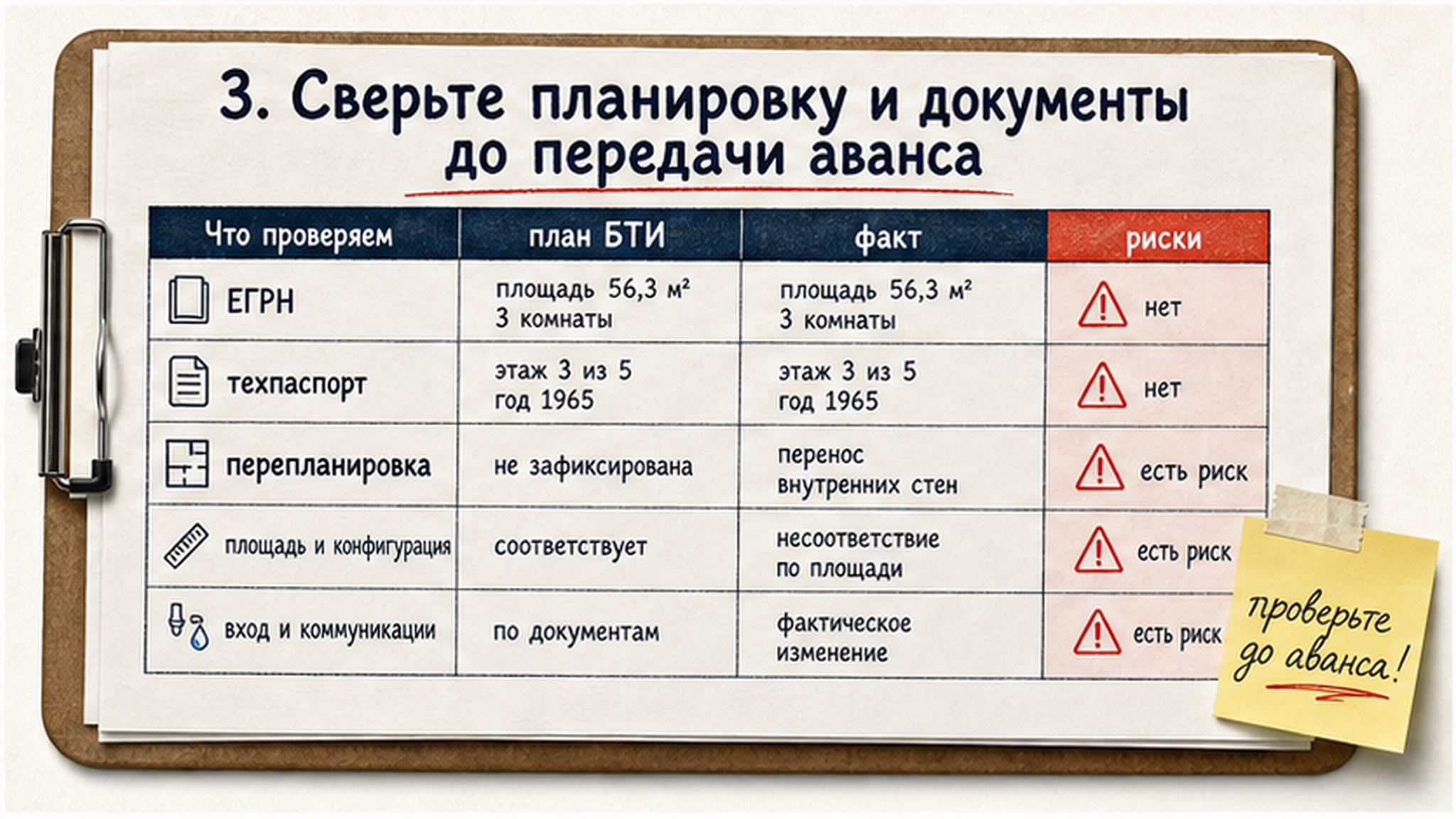 Сравнительная таблица на бумаге: 3. Сверьте планировку и документы до передачи аванса