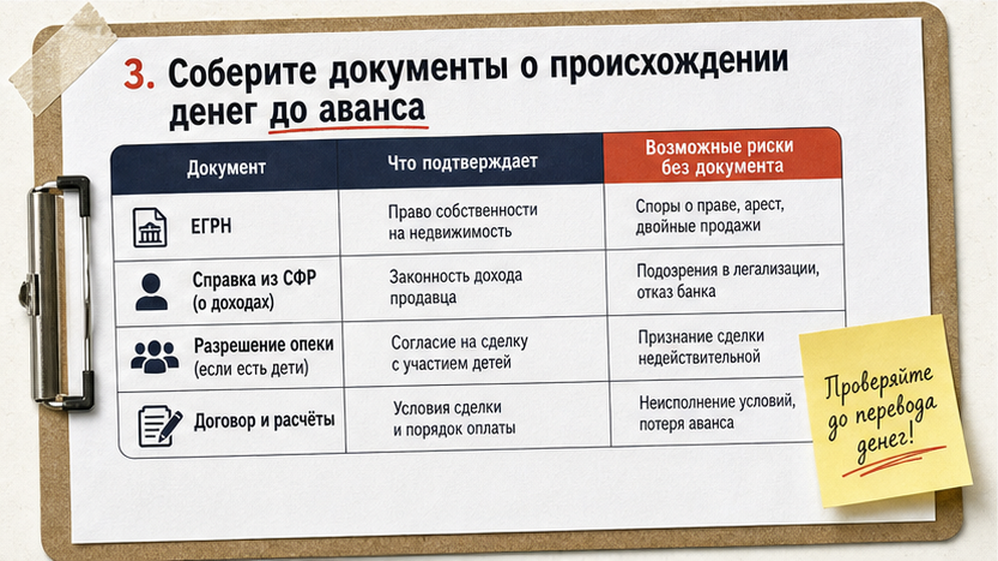 Сравнительная таблица на бумаге: 3. Соберите документы о происхождении денег до аванса