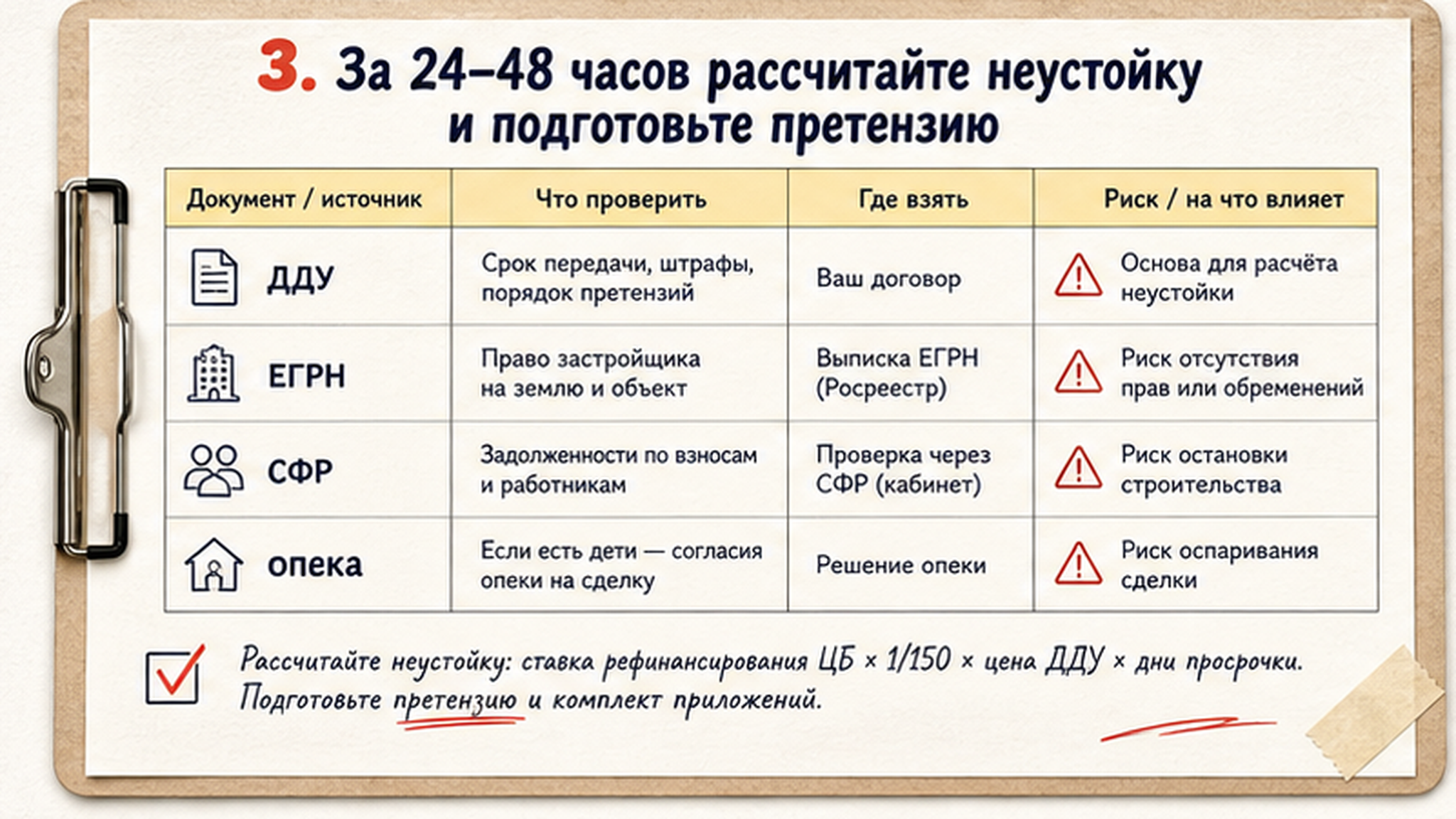 Сравнительная таблица на бумаге: 3. За 24–48 часов рассчитайте неустойку и подготовьте претензию
