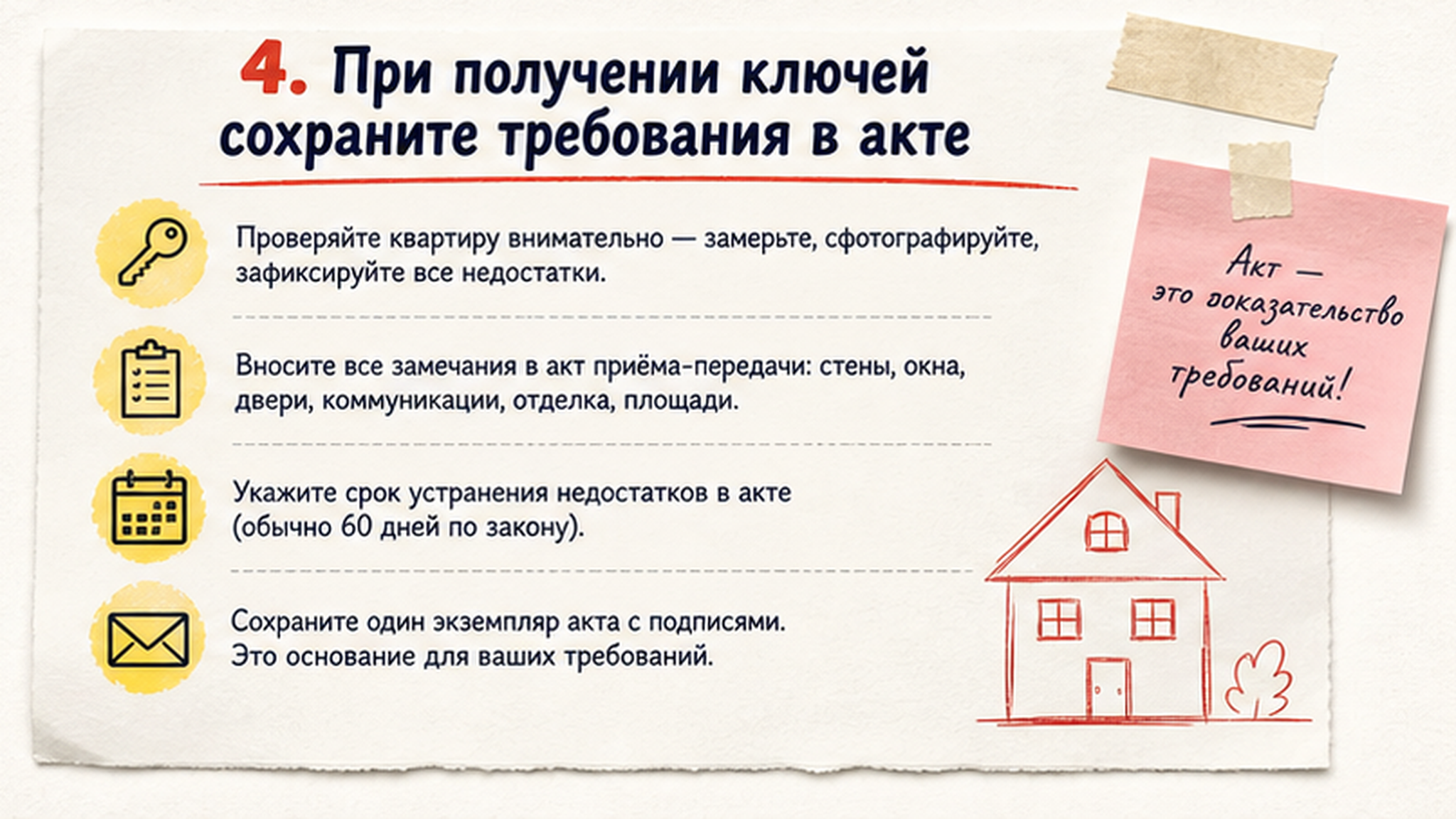 Карточка-инфографика: 4. При получении ключей сохраните требования в акте