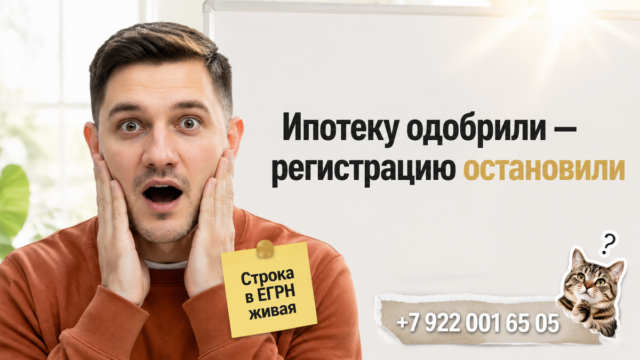 Святослав в ржаво-терракотовом свитере в шоке над выпиской ЕГРН; крупный hook справа; телефон +7 922 001 65 05; жёлтый стикер; кот-стикер.
