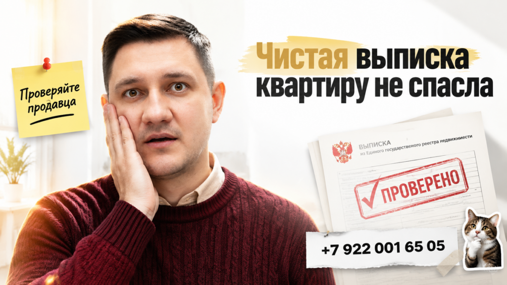 Святослав с выпиской ЕГРН: зелёная галочка, красный штамп банкротства; hook; CTA.