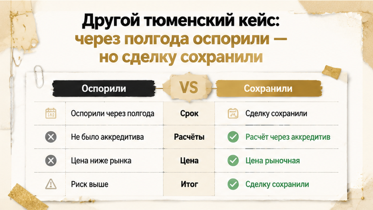 Два кейса: оспорили через полгода, аккредитив, рыночная цена — сделку сохранили.