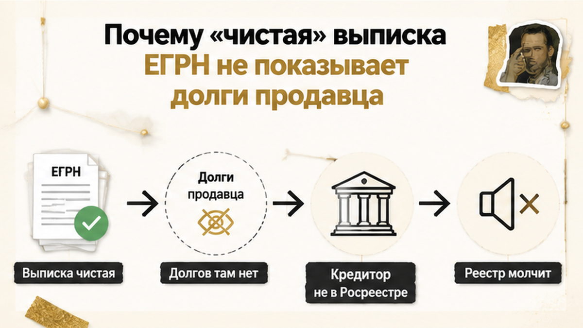 Схема: выписка чистая, долгов нет, кредитор не в Росреестре — реестр молчит.