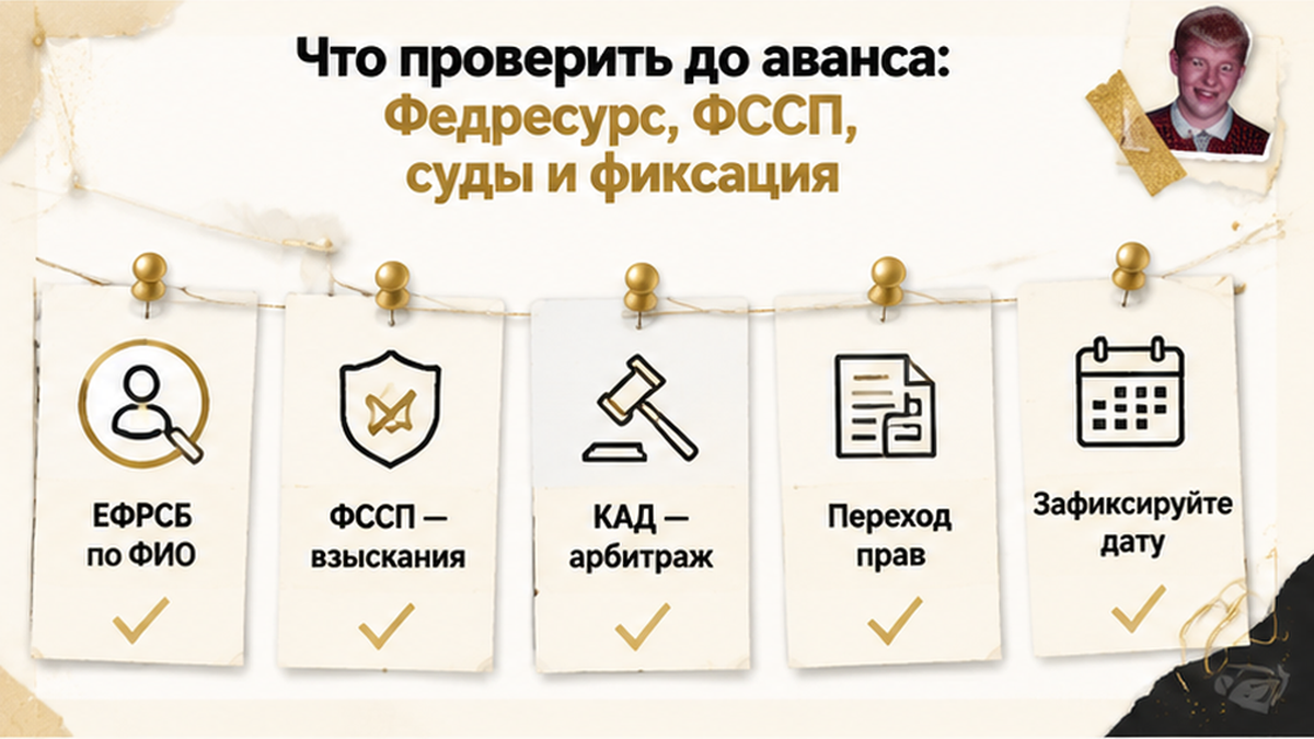 Чеклист до аванса: ЕФРСБ, ФССП, КАД, переход прав, зафиксируйте дату.