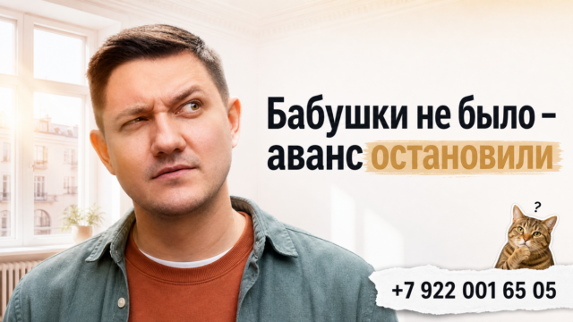 Святослав на осмотре сталинки указывает на пустое место бабушки; крупный hook «Бабушку не нашли аванс остановили»; телефон +7 922 001 65 05