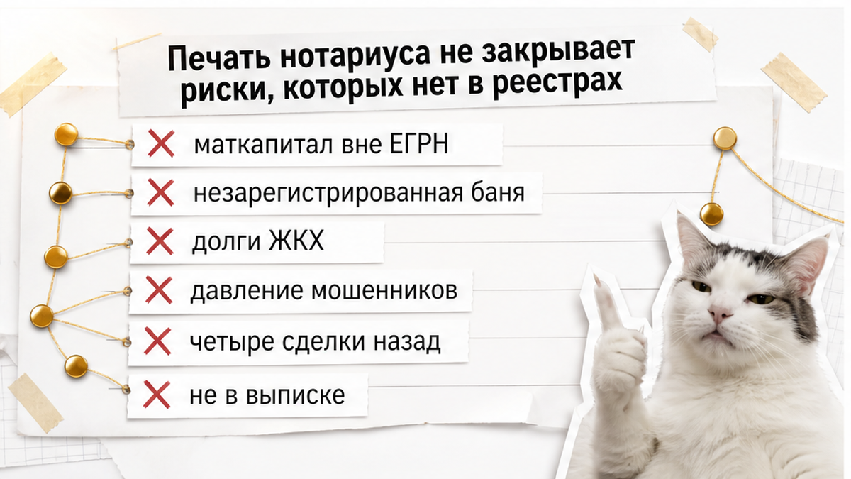 Чеклист рисков вне реестров: маткапитал, баня, ЖКХ, мошенники, история