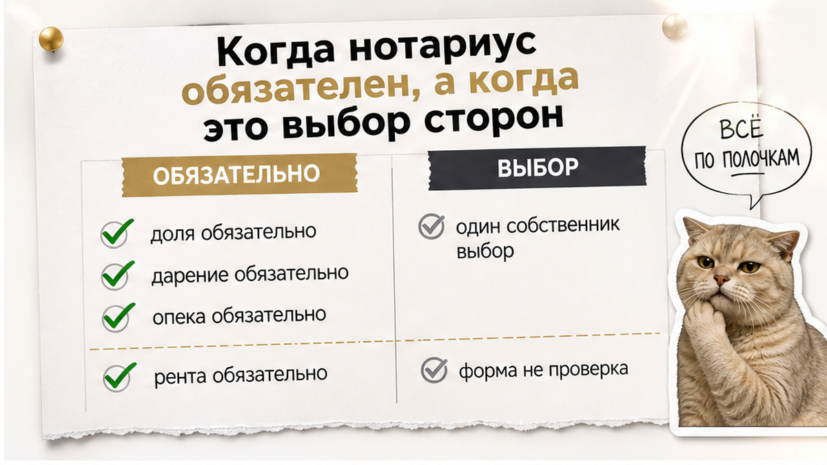 Чеклист: когда нотариус обязателен (доля, дарение, опека) и когда выбор
