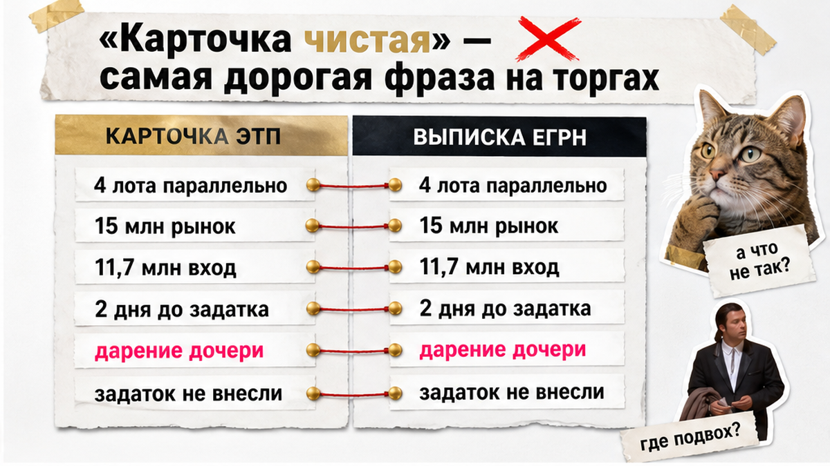 Сравнение карточки лота на ЭТП и свежей выписки ЕГРН — два разных документа
