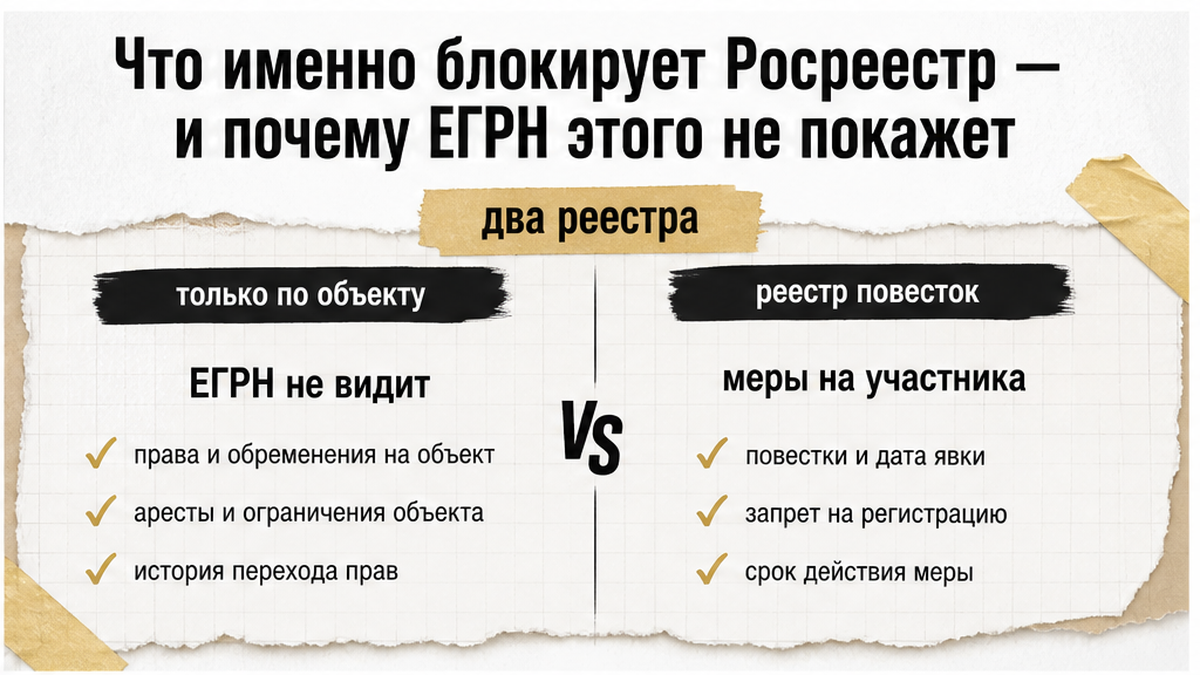 Сравнение: что видит ЕГРН и чего не покажет реестр повесток