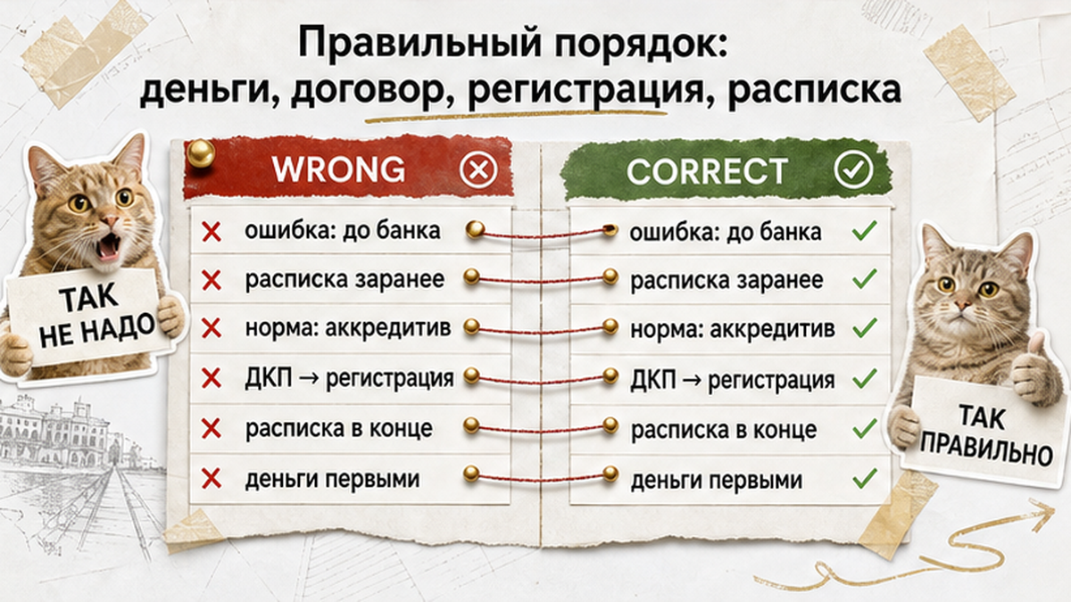 Сравнение ошибочного и правильного порядка расчётов при покупке квартиры