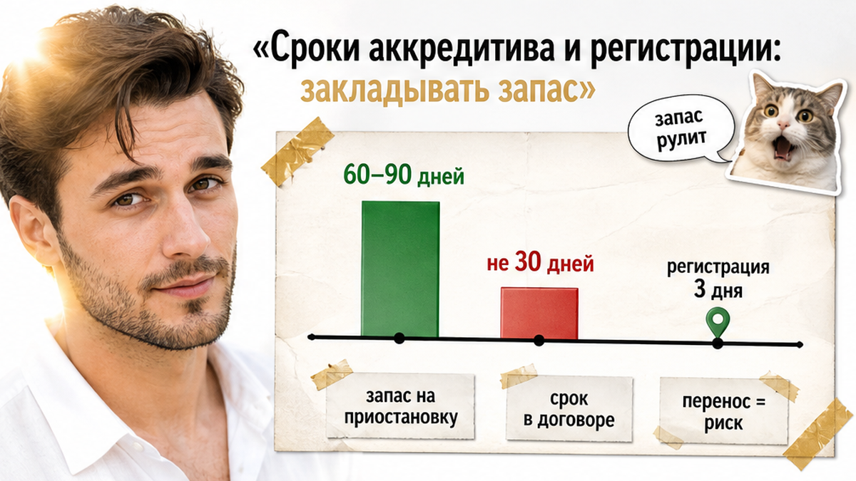График сроков: аккредитив 60–90 дней против 30 дней и регистрация 3 дня