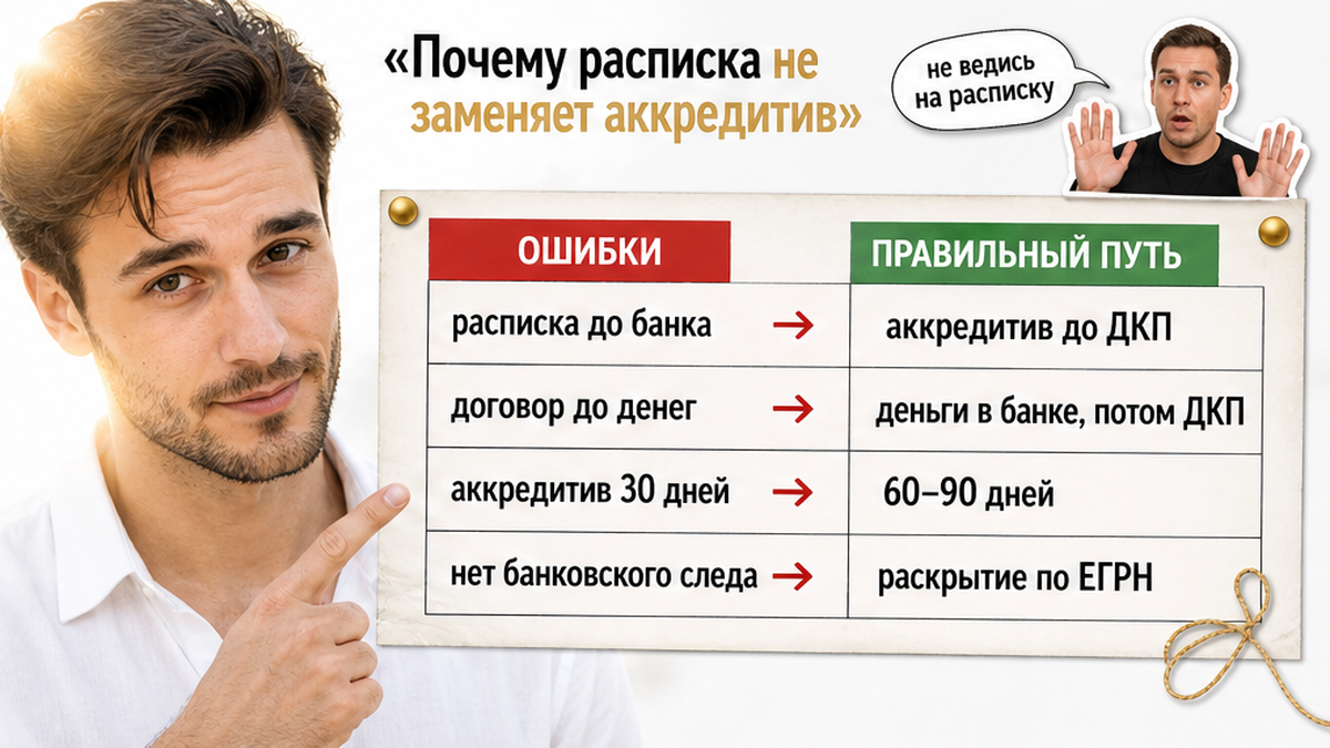 Ошибки с распиской против правильного пути через аккредитив и ЕГРН