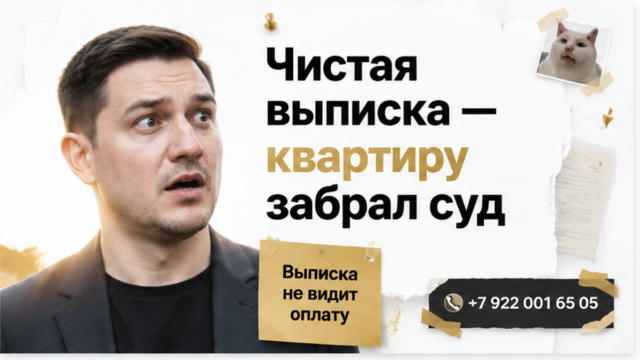 Святослав в голубой рубашке с недоверием показывает разрыв в цепочке прошлых собственников на светлом бело-золотом коллаже.