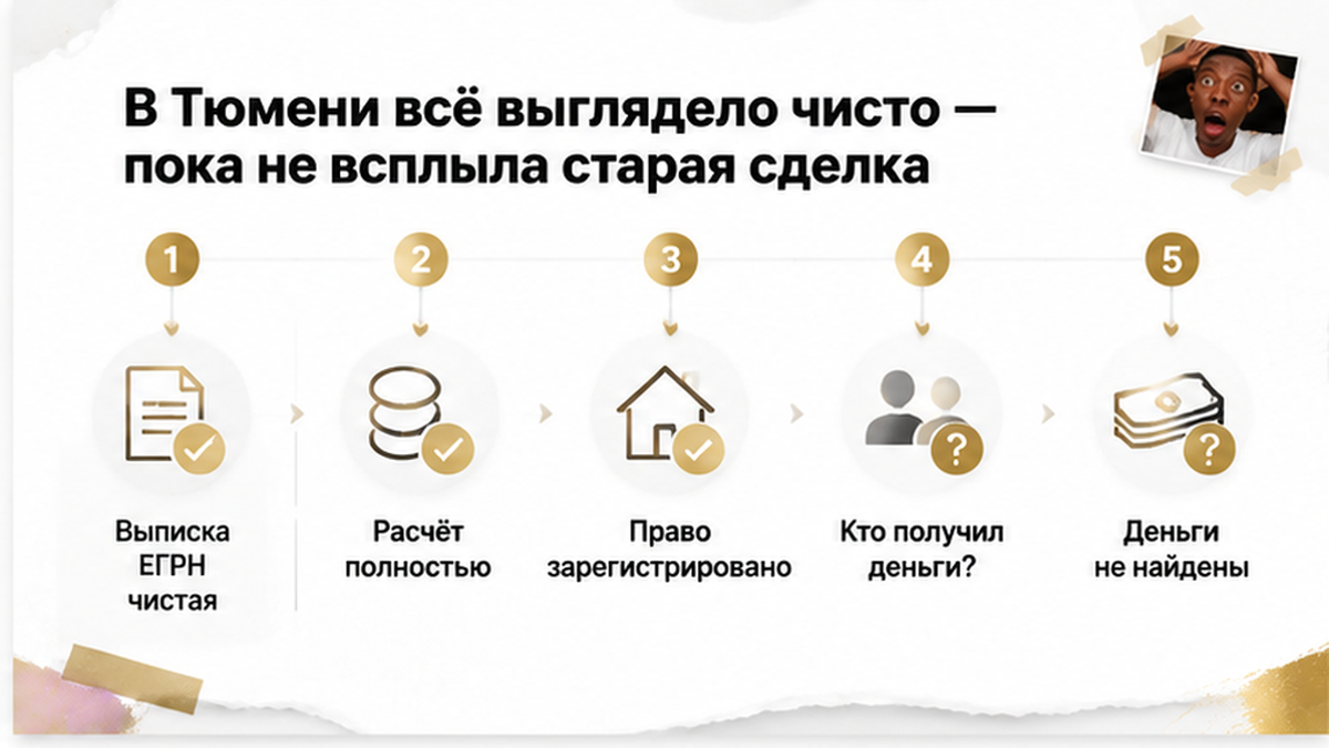 Схема показывает, что внешне чистая покупка квартиры не отвечает на главный вопрос о движении денег в старой сделке.