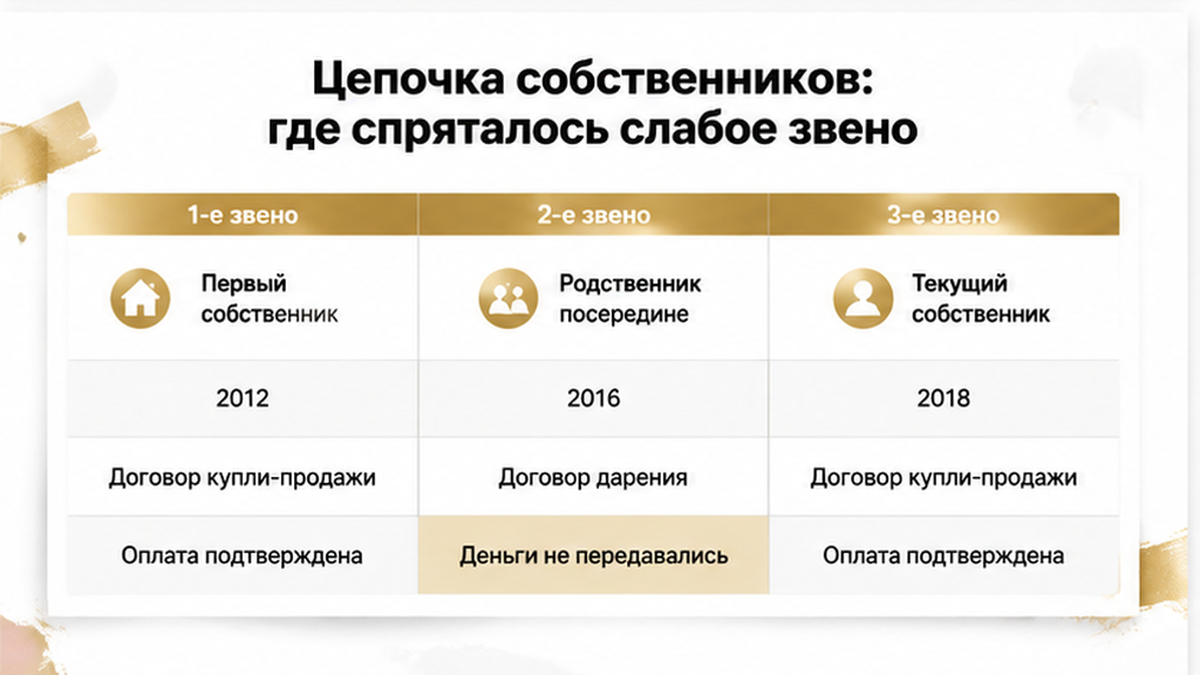 Таблица цепочки собственников выделяет сделку между родственниками без передачи денег как слабое звено.