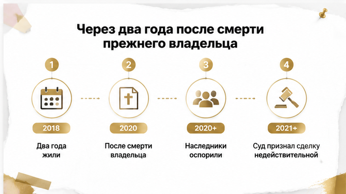 Временная схема показывает, как наследники оспорили старую сделку спустя два года после смерти владельца.