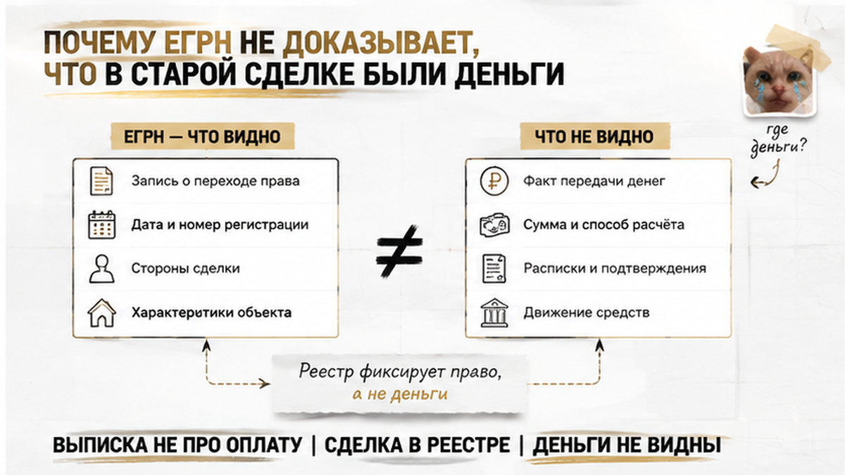 Структурная схема объясняет, что выписка ЕГРН фиксирует сделку, но не подтверждает передачу денег.
