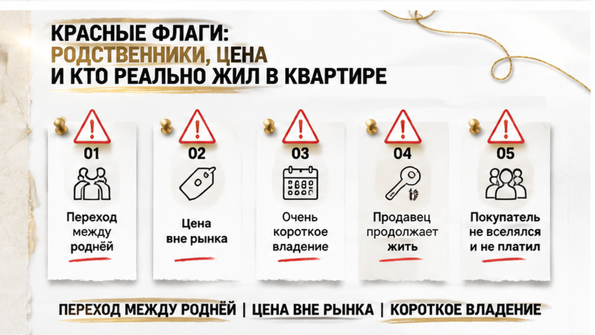 Карточки красных флагов помогают проверить подозрительную историю квартиры до аванса.