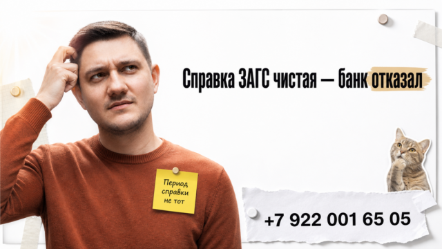 Святослав в терракотовом свитере смотрит на справку ЗАГС с неверным периодом; крупный hook справа; телефон +7 922 001 65 05; жёлтый стикер; кот-стикер.