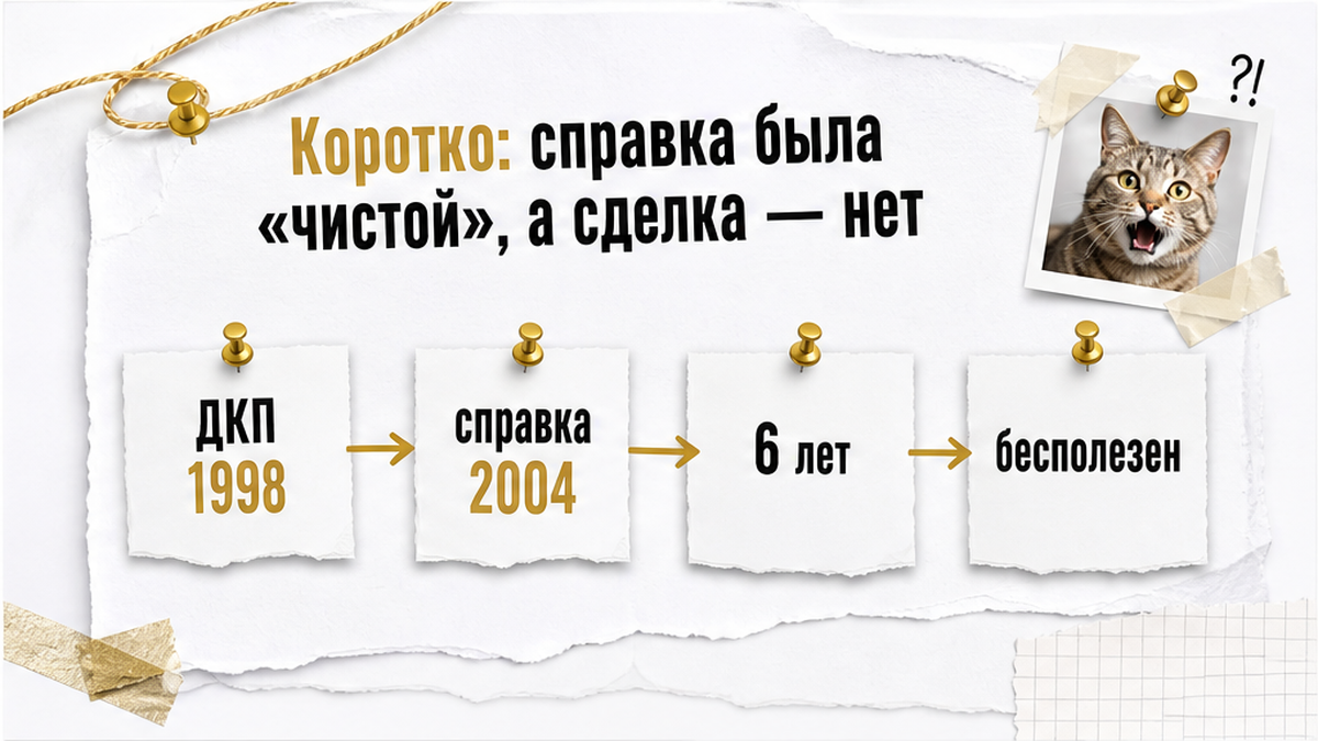 Схема из четырёх этапов показывает разрыв между ДКП 1998 года и справкой с 2004 года, из-за которого документ не подтвердил риск