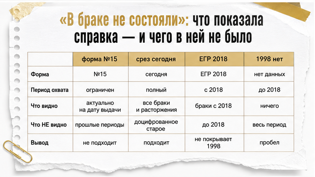 Сравнительная таблица объясняет, что форма №15 отражала современный срез ЕГР ЗАГС и не содержала сведений о браке 1998 года