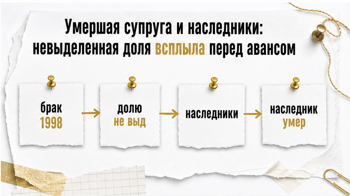 Процесс-схема показывает, как брак на дату покупки привёл к невыделенной доле, нескольким наследникам и дополнительному наследственному риску