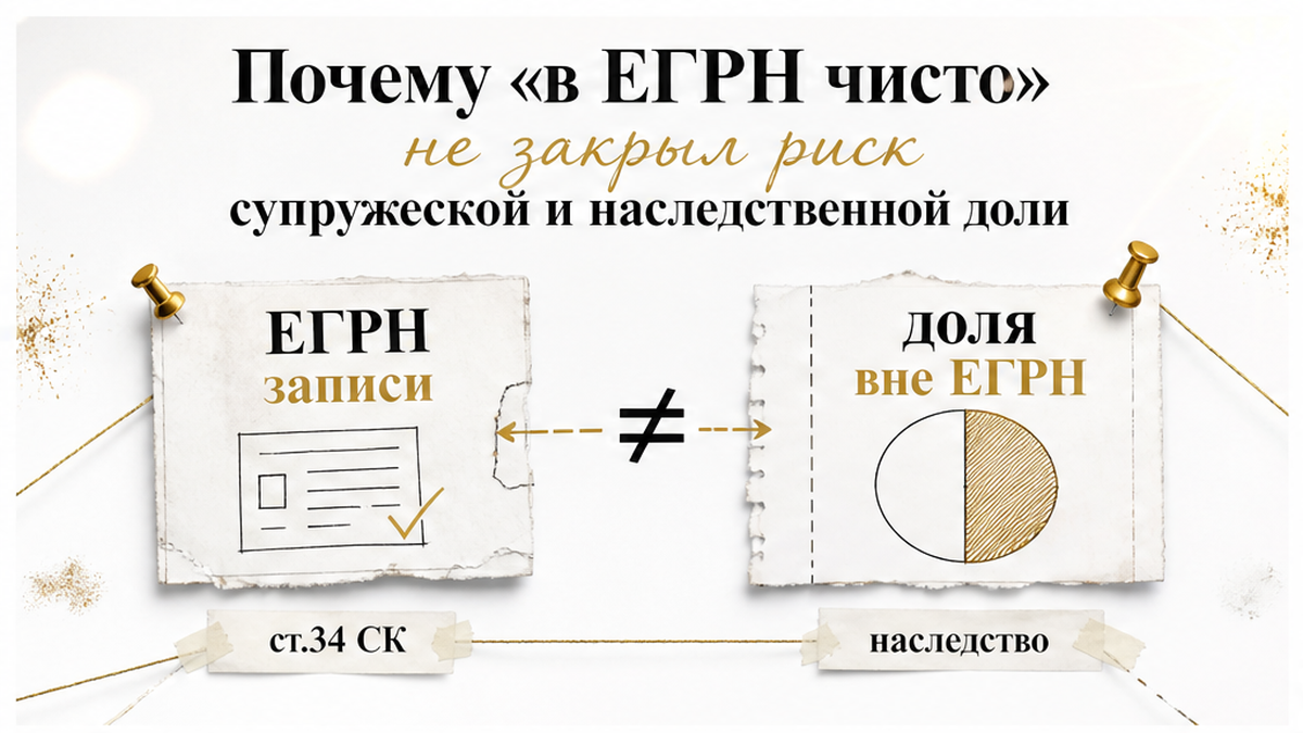 Диаграмма показывает, почему чистая запись ЕГРН не исключает супружескую долю вне реестра и уже принятое наследство