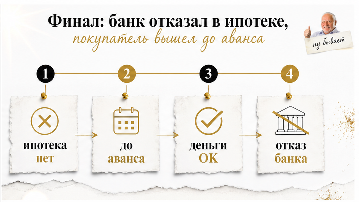 Схема финала сделки показывает отказ в ипотеке до передачи аванса, поэтому деньги покупателя не ушли