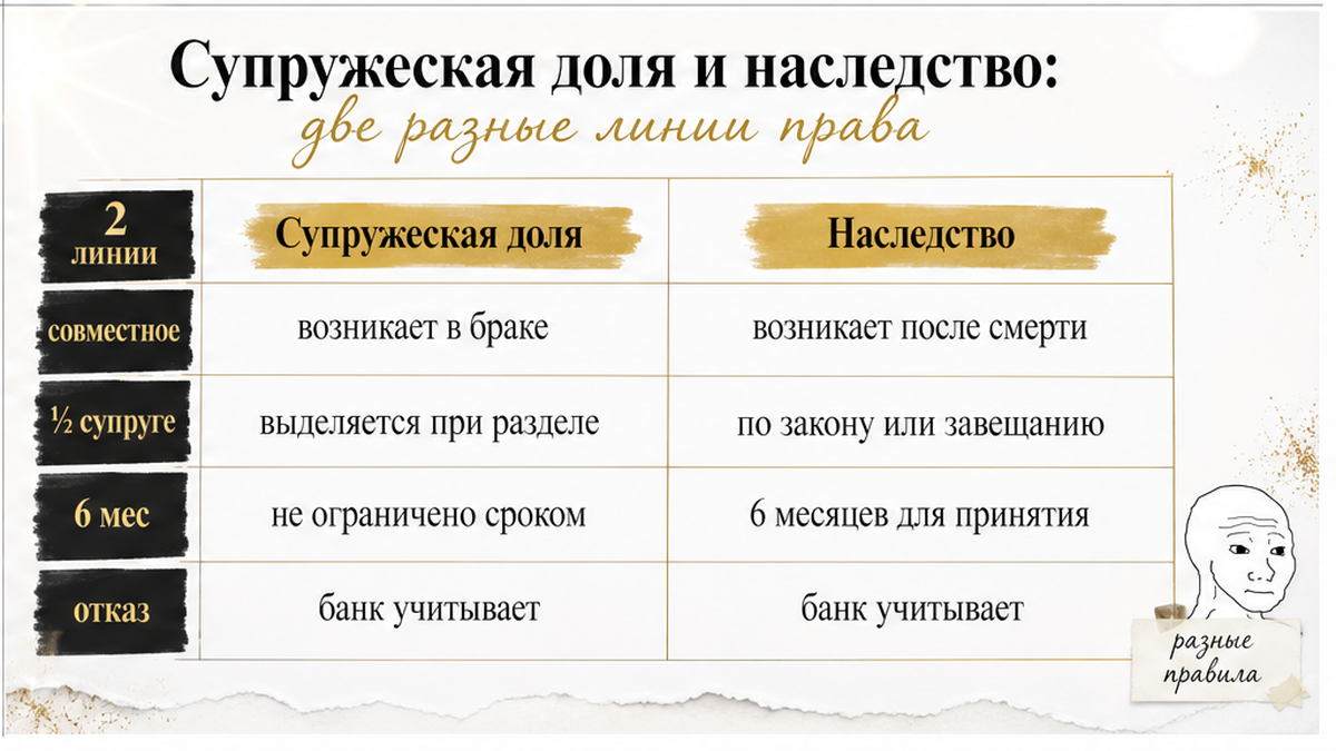 Таблица сравнивает две линии права: супружескую долю и наследство, включая шестимесячный срок и невозвратный риск отказа