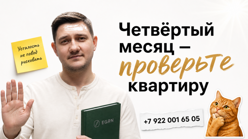 Риэлтор в светлой квартире останавливает поспешный аванс папкой ЕГРН и жестом...