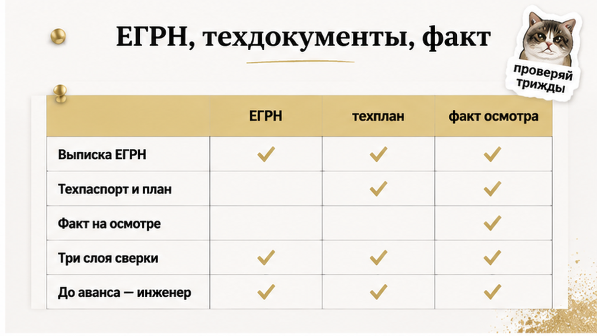 Три слоя: ЕГРН, техплан, факт.