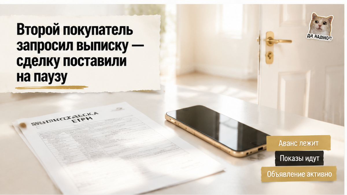 Документы и смартфон с выпиской ЕГРН на столе в светлой квартире.