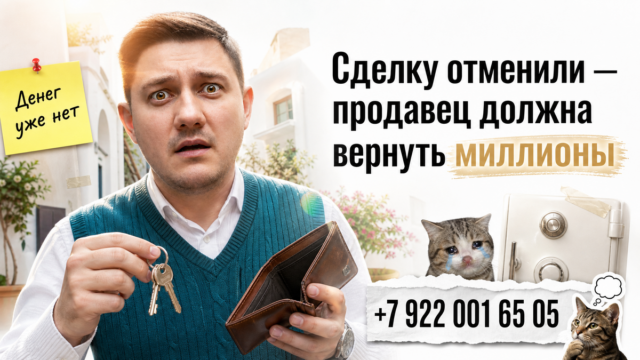 Ведущий с ключами и пустым кошельком на фоне светлой тюменской новостройки; обложка о возврате 4,3 млн после отмены сделки.