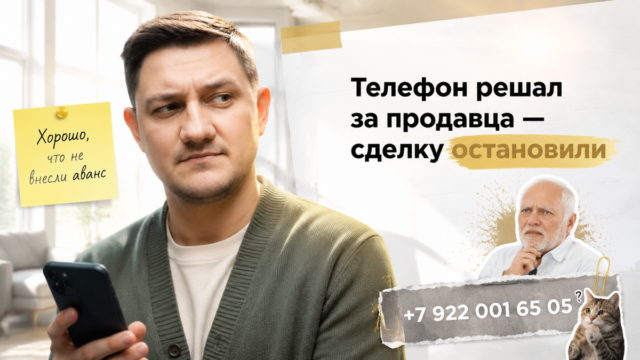 Святослав в кардигане смотрит на телефон продавца; hook; CTA; стикер.