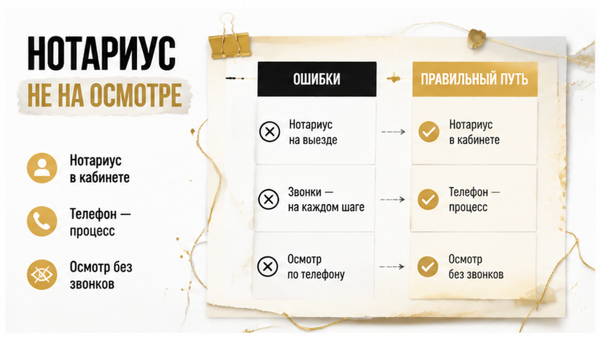 Чеклист: нотариус позже, телефон на осмотре, кто отвечает.