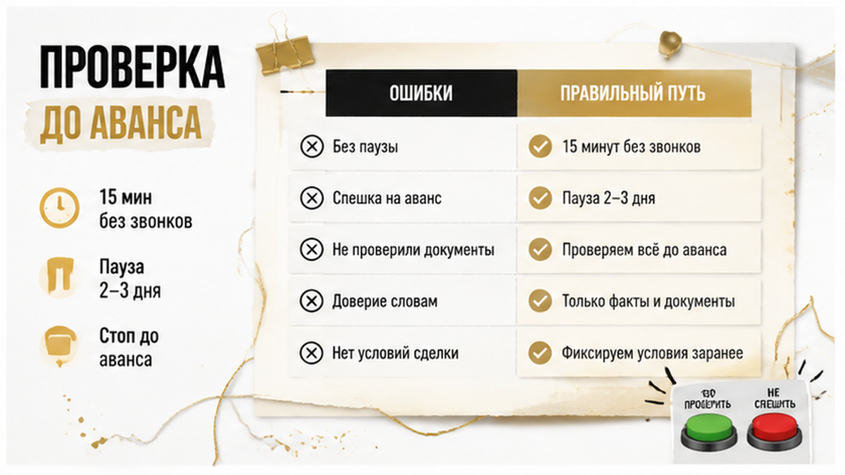Чеклист до аванса: 15 мин без звонков, пауза 2–3 дня, стоп.