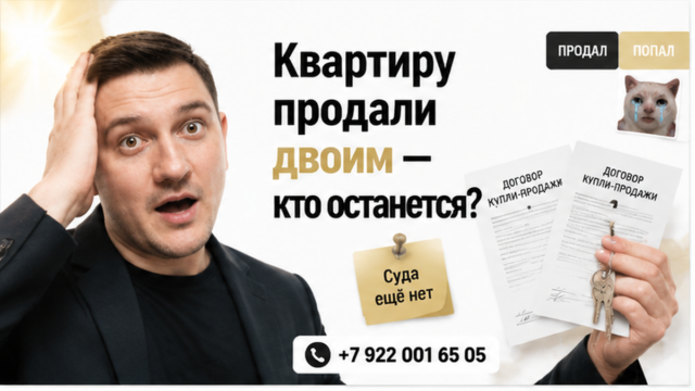 Риелтор в голубой рубашке в светлом холле держит два договора и одну связку ключей; рядом маленькие мемы и стикер «Суда ещё нет».