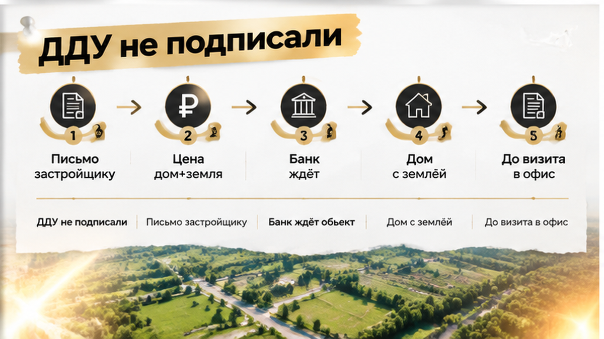 нумерованный процесс / таймлайн по новостройке в Тюмени: ДДУ не подписали, Письмо застройщику, Банк ждёт объект — иллюстрация к разбору…