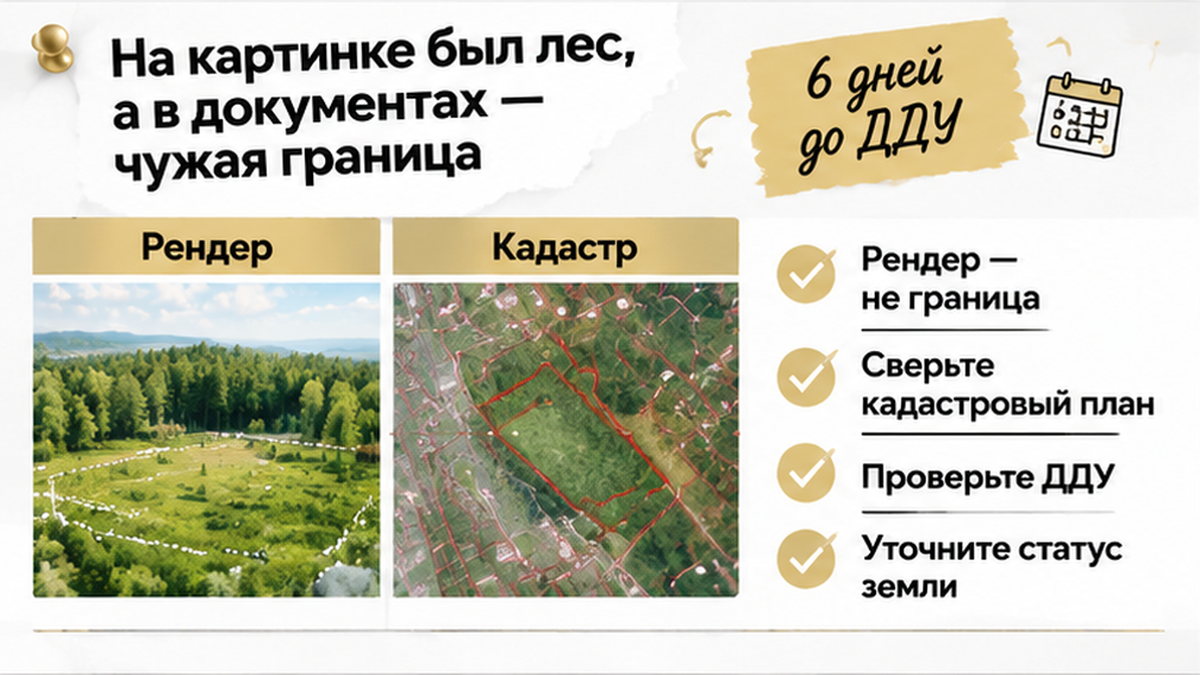 сравнительная таблица с колонками по новостройке в Тюмени: Рендер — не граница, Сверьте кадастровый план, Проверьте ДДУ — иллюстрация к…