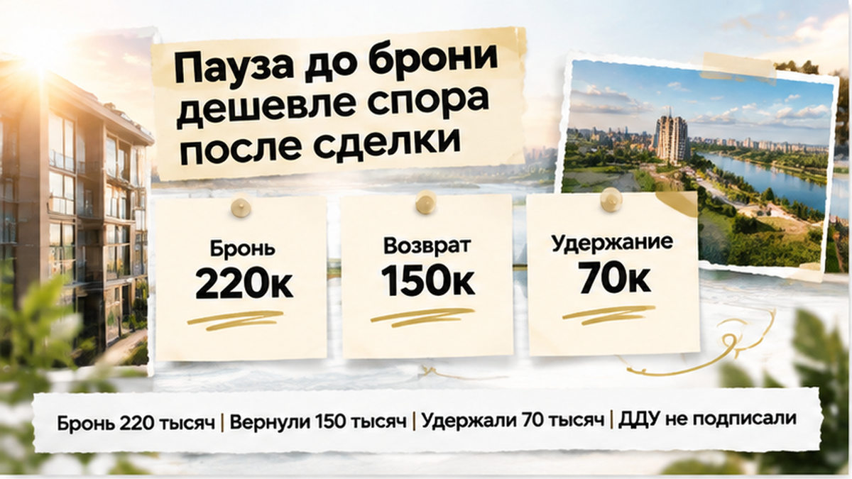 реалистичный кадр (без лица хоста) к разделу «Пауза до брони дешевле спора после сделки» в Тюмени — иллюстрация к кейсу о сделке.