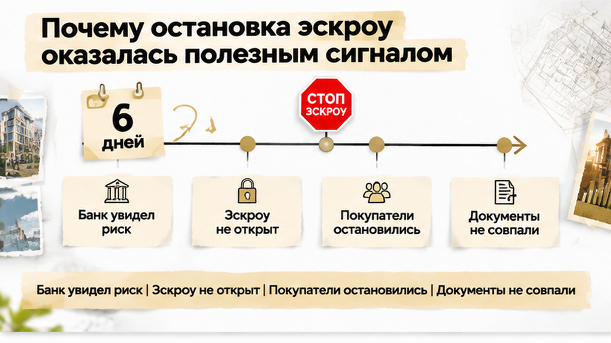 график / шкала сроков по новостройке в Тюмени: Банк увидел риск, Эскроу не открыт, Покупатели остановились — иллюстрация к разбору сделки.