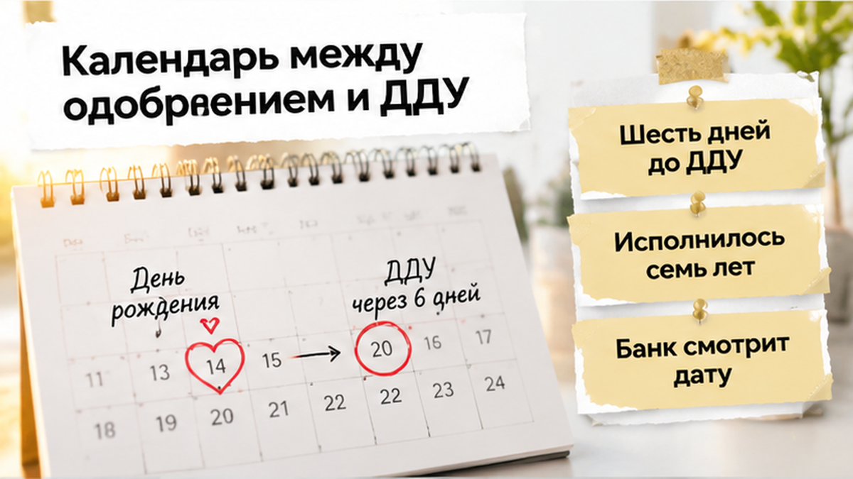 реалистичный кадр (без лица хоста) к разделу «Между одобрением и ДДУ календарь шёл своим ходом» — иллюстрация к кейсу о сделке.