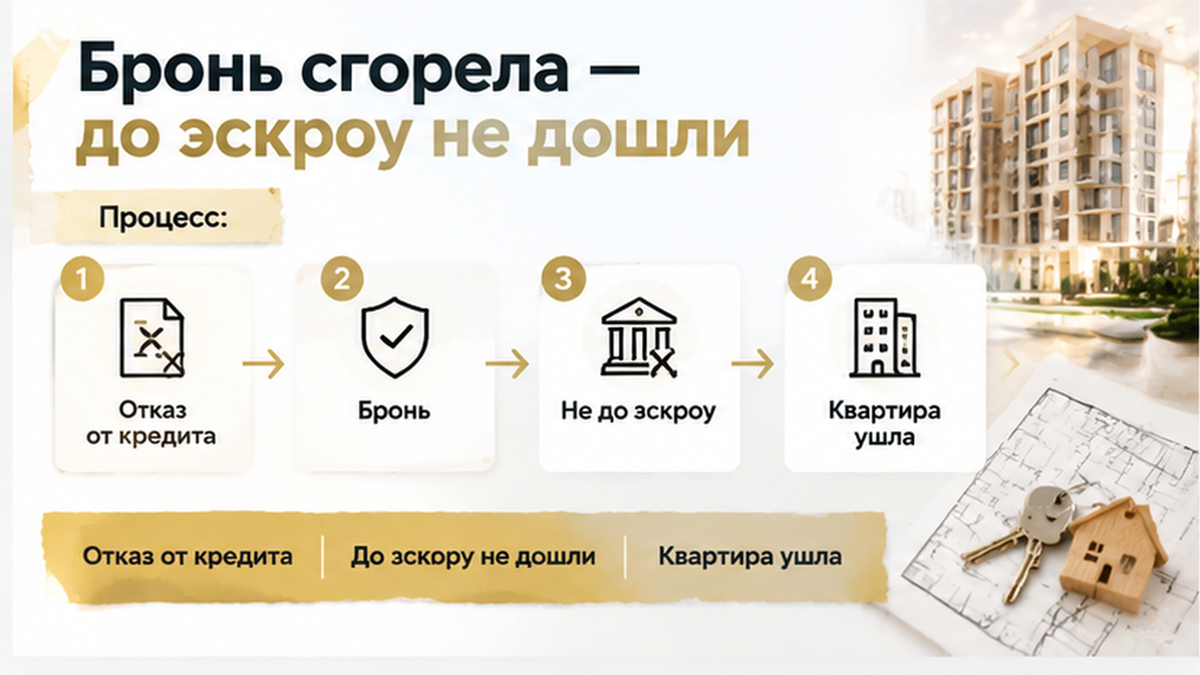 нумерованный процесс / таймлайн к разделу «Семья остановилась: бронь сгорела, до эскроу де…» — иллюстрация к кейсу о сделке.