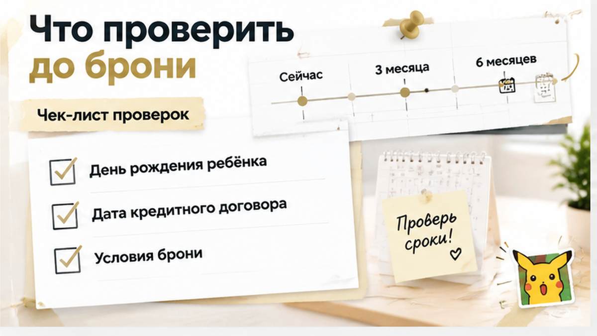 график / шкала сроков по новостройке в Тюмени: День рождения ребёнка, Дата кредитного договора, Условия брони — иллюстрация к разбору сделки