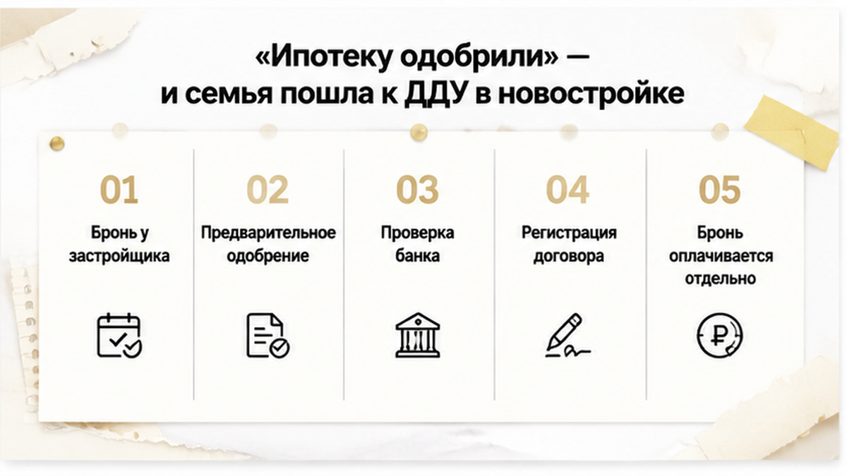 Таблица этапов сделки от бронирования квартиры до регистрации договора.